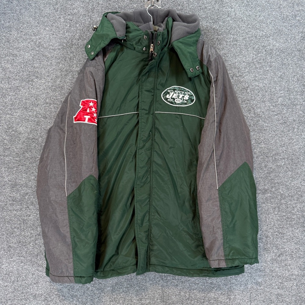 NFL New York Jets Jacket Mens XXL Green Hooded Puffer Coat AFC Zip Up Y2K 90s